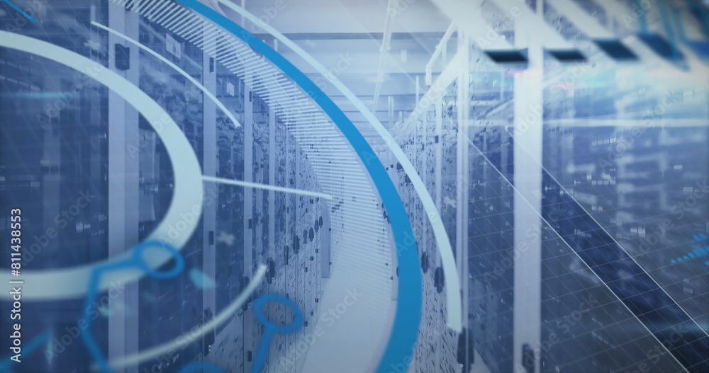 Poster image of loading circles and circuit board pattern over data server room