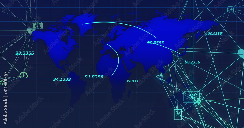 Poster image of connections with icons and data processing over world map