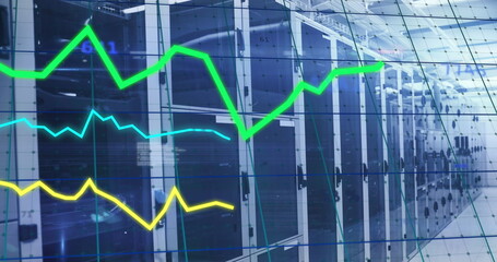 Image of graphs, changing numbers, computer language over data server room