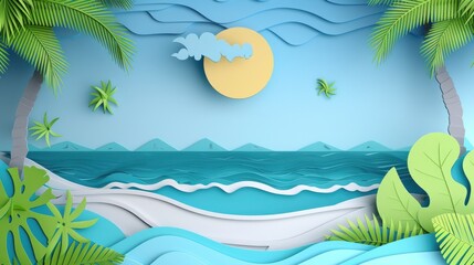 summer background paper cut style  blue sea and coconut tree  on island 