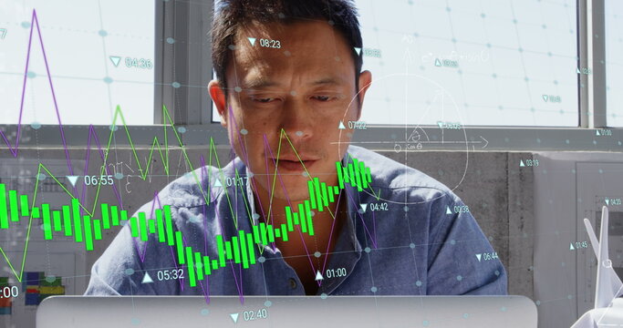 Image of graphs, mathematical equation, diagrams, asian architect designing blueprint on laptop - Powered by Adobe