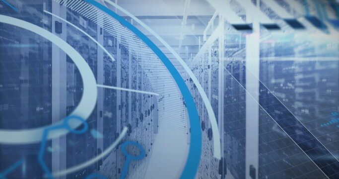Image of loading circles and circuit board pattern over data server room - Powered by Adobe