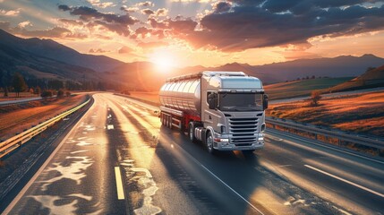 Brightly lit silver fuel truck on a beautiful highway, with scenic views surrounding the route and glimmering in the sunlight