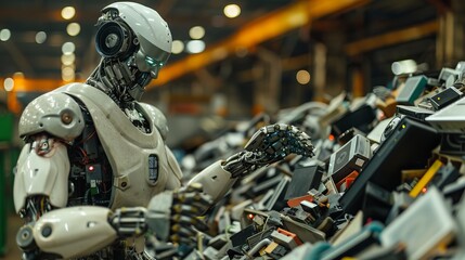 Fototapeta premium Brightly lit shot of a robot carefully handling old electronics, showcasing e-waste sorting and recycling efforts, close-up view