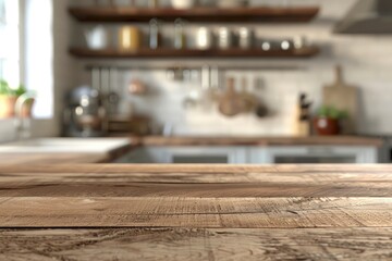 Wood table top on blur kitchen counter (room)background.For montage product display or design key visual layout - generative ai