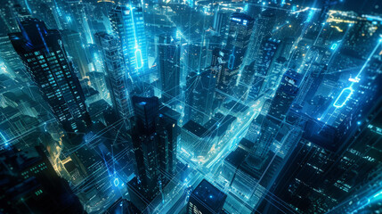 Futuristic cityscape with a network of connections and data transfers concept, illuminated in the style of blue light in the night sky above a wide angle aerial
