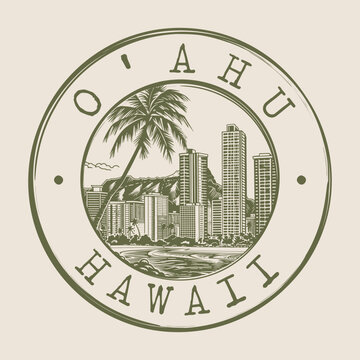 O&lsquo;ahu, Hawaii Stamp City Postmark. Silhouette Postal Passport. Round Vector Icon. Vintage Postage Design.	
