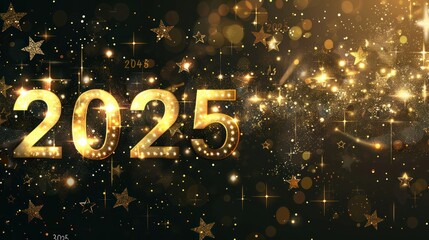 Gold sparkling number 2025. New Year background. . Gold confetti and celebration.