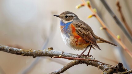Portrait of a Bluethroat perched on a tree branch