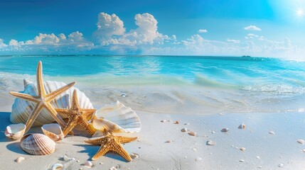 Fototapeta premium sea ​​shells on white sand beach for summer background