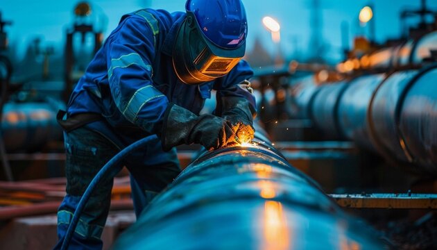 Engineer wearing safety uniform and helmet welding to repair pipe concept of innovative industrial and maintenance growth efficiency manufacturing 