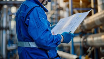 Engineer wearing helmet and safety uniform monitoring manufacturing with blueprints in the pipeline factory concepts innovation in industrial and professional technology 