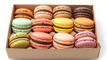 Fototapeta premium Detailed close-up of pastel macarons neatly placed in a recycled cardboard box, emphasizing their vibrant colors, isolated on white