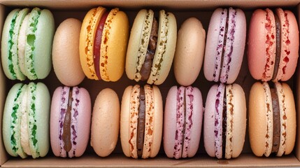 Detailed close-up of pastel macarons neatly placed in a recycled cardboard box, emphasizing their vibrant colors, isolated on white
