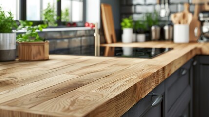 Detailed close-up of a stylish wooden countertop, set in a loft apartment's modern Nordic kitchen, emphasizing clean lines