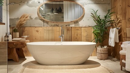 Detailed close-up of a contemporary bathroom with a spacious tub, elegant wooden stand sink, and mirror, surrounded by bath accessories