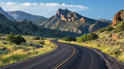 Country road winding through the landscape, rocky mountains towering in the background, under bright, clear lighting