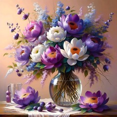 A vase of purple and white flowers with a glass of water and a spoon on a wooden table.