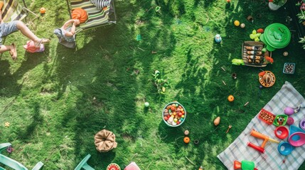 Obraz premium A group of children is enjoying a picnic surrounded by grass, trees, and shrubs in a natural landscape. They are leisurely soaking up the sun and appreciating the beauty of the environment AIG50