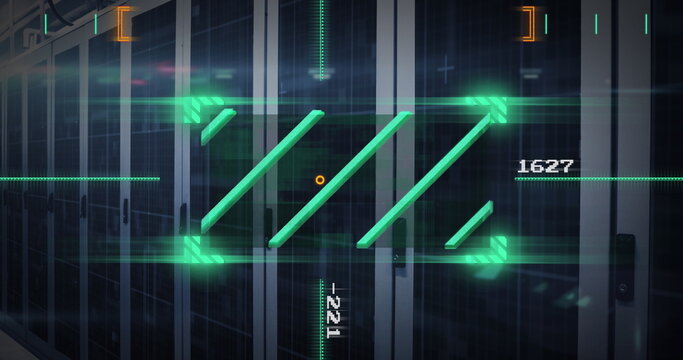 Image of lines in viewfinder with changing numbers over data server racks - Powered by Adobe