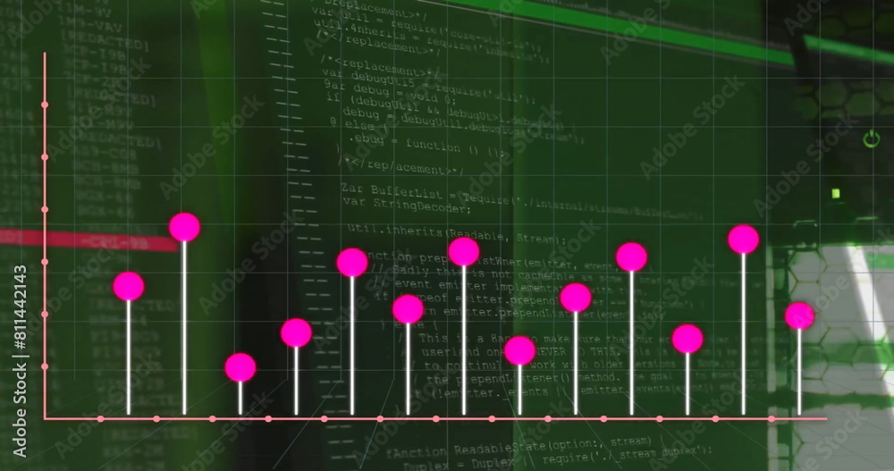 Poster image of graph and computer language over data server system in background