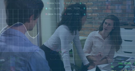 Image of financial data processing over diverse business people in office