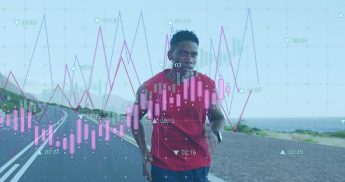 Image of multiple graphs and changing numbers over african american athlete running on road