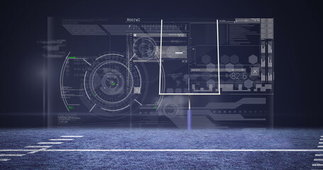 Image of digital data processing on screen over racing track