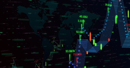 Image of numbers changing and data processing with world map