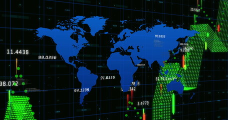 Image of financial data processing over world map