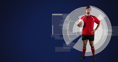 Image of caucasian male rugby player with ball over digital data processing on screen