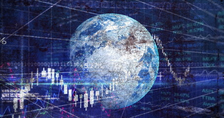 Obraz premium Image of financial data processing, binary coding and globe on digital screen