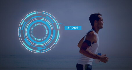 Image of scope scanning with numbers over caucasian man running
