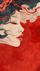 "Profile of Woman with Flowing Hair on Red Abstract Background Illustration"
