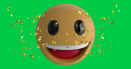 Image of confetti falling over smiling emoji emoticon icon over green screen
