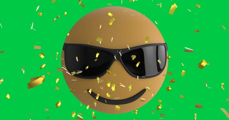 Image of confetti falling over smiling sunglasses emoji emoticon icon over green screen