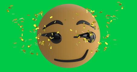 Image of confetti falling over smiling emoji emoticon icon over green screen