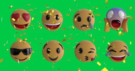 Image of confetti falling over emoji icons on green background