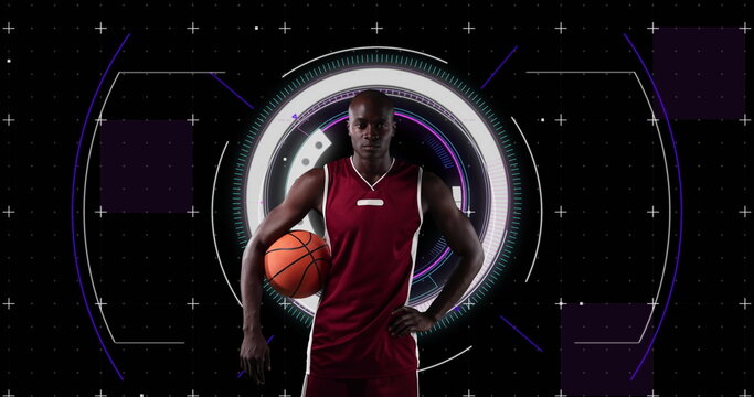 Image of scopes scanning and data processing with male basketball player - Powered by Adobe