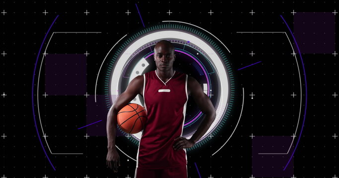 Image of scopes scanning and data processing with male basketball player - Powered by Adobe