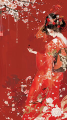Geisha in Red Kimono with Falling Cherry Blossoms
