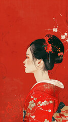 Fototapeta premium Profile of Japanese Woman in Red Kimono with Floral Accents 