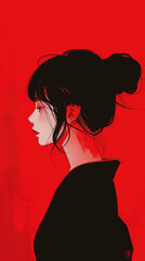 Profile of a Young Woman Against Red Background
