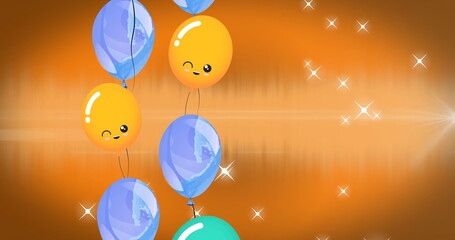 Image of balloons floating over orange background with stars