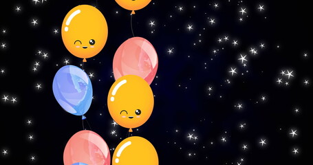 Image of balloons floating over black background with stars