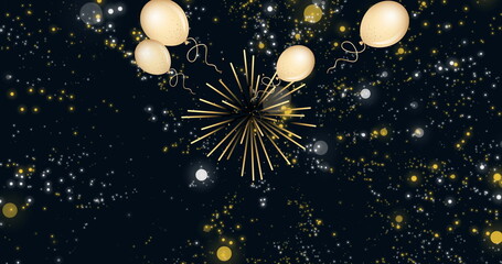 Image of balloons and fireworks over black background with dots
