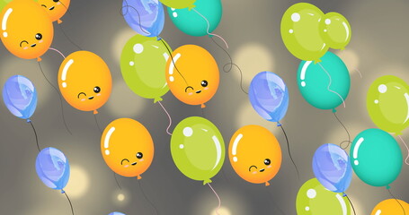 Image of balloons floating over grey background with lights