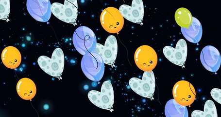 Image of balloons and hearts floating over black background with dots