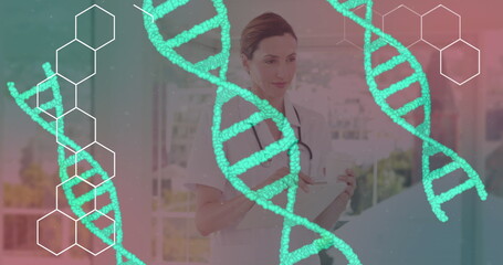 Image of data processing and dna strands spinning over caucasian female doctor