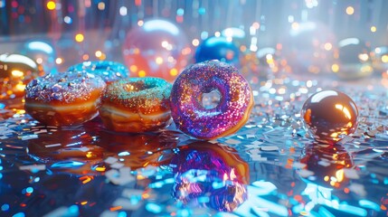Flashback to a 70s disco with disco ball reflections on shiny, patterned donuts on a glittery table, vibrant party atmosphere